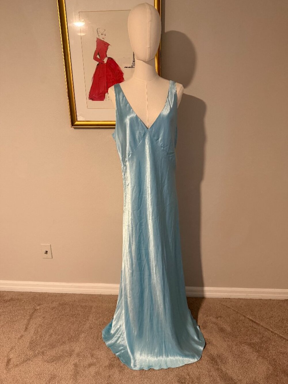 Vince Double V-Neck Satin Slip Midi Dress - Light Blue, XL